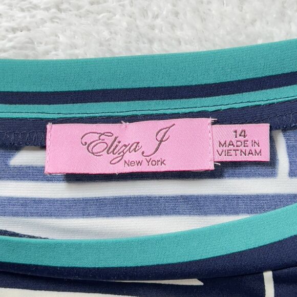 Eliza J Shift Mini Dress Womens Sz 14 Multicolor Geo Print 3/4 Sleeves Boat Neck - Picture 5 of 12